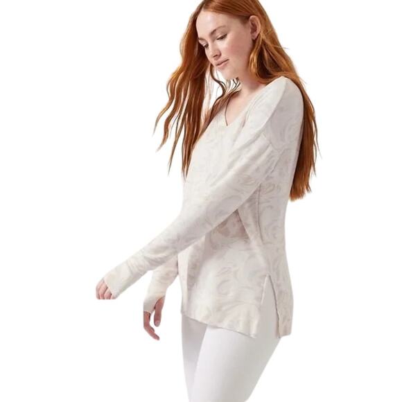 Athleta Coaster Luxe V-Neck Sweatshirt Agate Paisley Cream White Size Medium - Picture 1 of 6